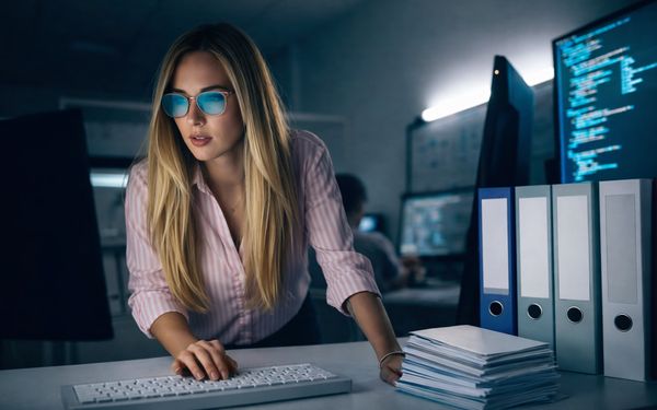 Eine Frau steht an einem Schreibtisch, in einem abgedunkelten Raum und sichert Daten in an einem PC. Neben ihr stehen Dokumentenordner auf dem Tisch.