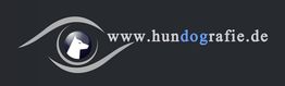 Logo mit Hundeprofil, URL: www.hundografie.de, stilisiertes Auge im Hintergrund.