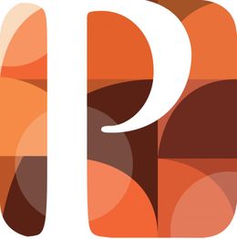 Abstraktes Design: Großbuchstabe „P“ auf einem Hintergrund aus orangen und braunen Formen.