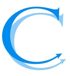 Blauwe letter C met pijlen die naar links wijzen, in drie stijlen.