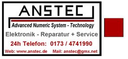 Logo von Anstec mit Kontaktdetails für Elektronikreparatur und -service.