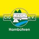 Logo des Clubs "CIG e.V. Hambühren" mit Wohnwagen, Zelt, Fluss und Bergen auf gelb-grünem Hintergrund.