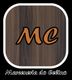 Logotipo com as letras "MC" sobre fundo de madeira. Texto abaixo: "Marcenaria do Celino".