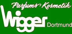 Grünes Logo mit weißem Text: "Parfums Kosmetik Wigger Dortmund" in verschiedenen Schriftarten.