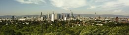 Frankfurts Skyline mit Wolkenkratzern und grünem Vordergrund an einem bewölkten Tag.