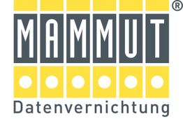 Logo mit gelben und grauen Rechtecken. Text: "Mammut Datenvernichtung".