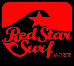Texto rojo "Red Star Surf" y "Lanzarote" sobre fondo negro con estrella y ola.