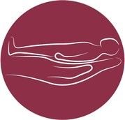 Symbol eines stilisierten Babys auf einer Hand, umrahmt von einem roten Kreis.