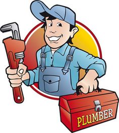 Cartoon plumber holding a wrench and toolbox, wearing blue overalls and a cap.