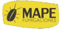 Logo amarillo de MAPE Fumigaciones con dibujo de insecto negro.