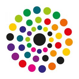 Bunte Kreispunkte bilden ein konzentrisches Muster mit einem großen schwarzen Kreis in der Mitte.