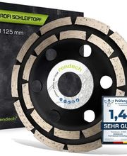 Schleiftopf mit Verpackung, Durchmesser 125 mm, Testsiegel "1,4 sehr gut" sichtbar.