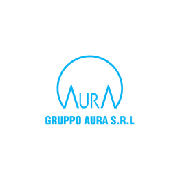 Logo "Gruppo Aura S.R.L" con scritta blu e cerchio intorno alla lettera "A". Sfondo nero.