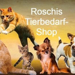 Katzen und Hunde mit der Aufschrift "Roschis Tierbedarf-Shop" vor einem gelben Hintergrund.