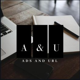 Laptop, notebook, and pen on desk, with "A & U, ADS AND URL" logo in foreground.