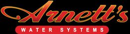 "Arnett's Water Systems logo with red and gold text on a black background."