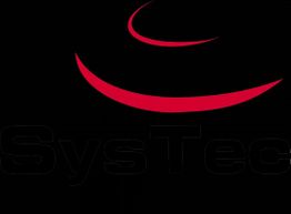 Schwarzes SysTec-Logo mit roten gebogenen Linien darüber auf schwarzem Hintergrund.