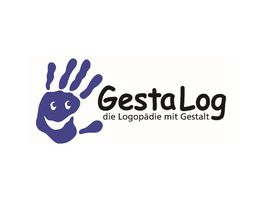 Lila Handabdruck mit Gesicht und Text: "GestaLog, die Logopädie mit Gestalt".