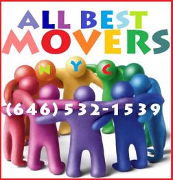 Colorful figures in a circle with "All Best Movers NYC" and phone number displayed.