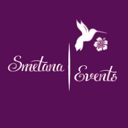 Lila Logo: "Smetana Events" mit Kolibri und Blume.