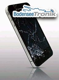 Smartphone mit zersprungenem Bildschirm und Bodensee Tronik Logo oben rechts.