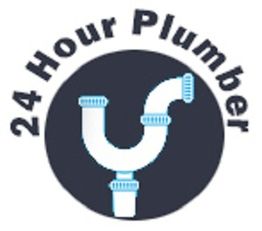 "Logo: White plumbing pipes on black circle, text reads '24 Hour Plumber' above."
