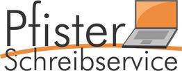 Logo von Pfister Schreibservice mit Laptop-Grafik und orangefarbenem Bogen.