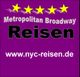 Fünf gelbe Sterne, Text: Metropolitan Broadway Reisen, www.nyc-reisen.de, violetter Hintergrund.
