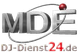 Logo mit "MDE" und Website "DJ-Dienst24.de", graue und rote Schrift, stilisierte Kugel.