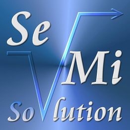Text "SeMi Solution" in metallischen Buchstaben auf blauem Hintergrund mit einem Wurzelzeichen.