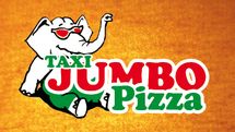 Weißer Elefant mit roter Brille und Text "Taxi Jumbo Pizza" auf orangefarbenem Hintergrund.