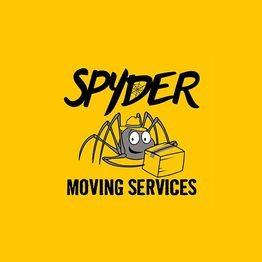 Cartoon spider holding a box with text "Spyder Moving Services" on a yellow background.