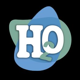 Texto "H₂O" en blanco sobre fondos azul y verde sobre negro.