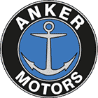 Logo med et anker i blå cirkel, omringet af teksten "ANKER MOTORS" på sort baggrund.