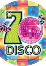 Buntes "70's Disco"-Logo mit einer rosa Discokugel und schillerndem Hintergrund.