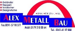 Logo von Alex Metallbau mit Kontaktinformationen und roten Texten "Geländer," "Treppen," "Vordächer."
