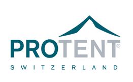 "PROTENT Schweiz Logo mit stilisiertem Zelt in Blau und Grau."