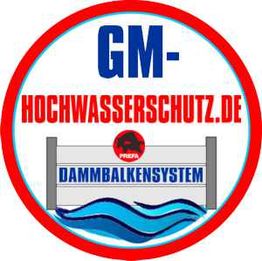 Logo mit Schriftzug "GM-Hochwasserschutz.de", Damm und blauen Wellen.
