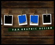 Fotos hängen an einer Leine mit Klammern, darunter steht "P.G.H. Graphic Design".