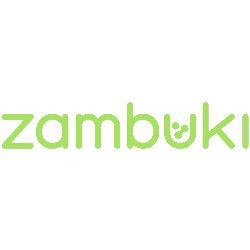 "Green 'zambuki' text logo with a smiley face inside the letter 'b'."