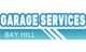 Blue and white "Garage Services Bay Hill" logo with decorative lines.