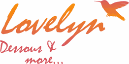Schriftzug "Lovelyn Dessous & more..." mit Kolibri in orange-rot.