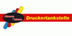 Logo mit rotem, gelbem, blauem Streifen und Schriftzug "Druckertankstelle" auf rotem Hintergrund.