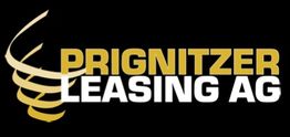 Logo der Prignitzer Leasing AG mit gelbem, spiralförmigem Symbol auf schwarzem Hintergrund.
