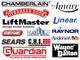 Logos of various garage door brands, including Chamberlain, LiftMaster, Genie, and Wayne Dalton.