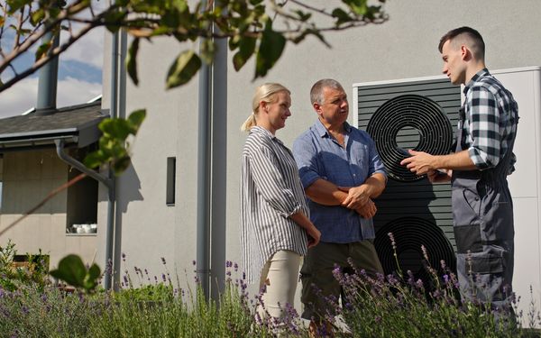Ein Techniker prüft die Wärmepumpe eines Ehepaares und erklärt ihnen die aktuelle Sachlage.
