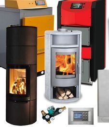 Verschiedene Heizgeräte und Kamine in unterschiedlichen Designs und Farben.