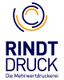 Logo von Rindt Druck mit Slogan "Die Mehrwertdruckerei" in Blau und Gelb.