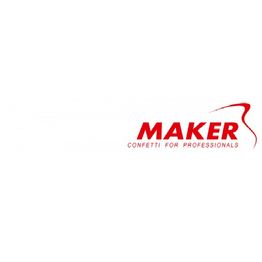 Logo van Maker met rode tekst: "Maker - Confetti for Professionals".