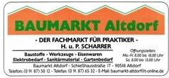 Baumarkt Altdorf Werbeanzeige mit Öffnungszeiten und Kontaktinformationen.